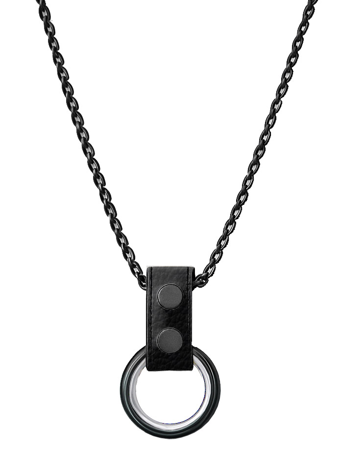 Black Metal Necklace with Cockrings - Black Leather