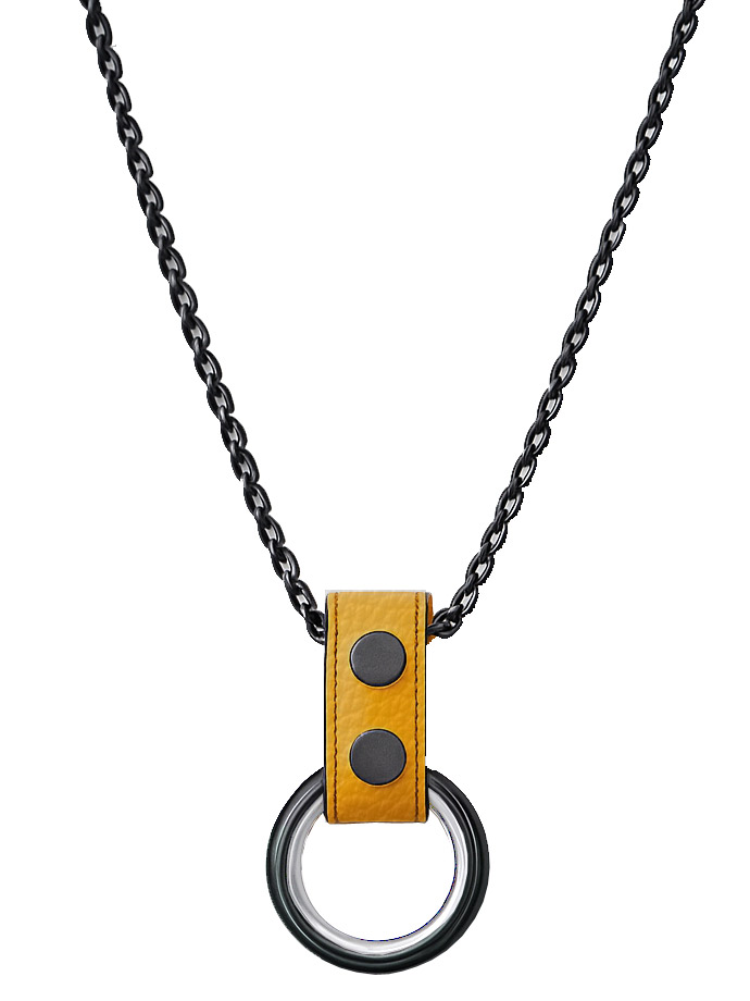 Black Metal Necklace with Cockrings - Yellow Leather